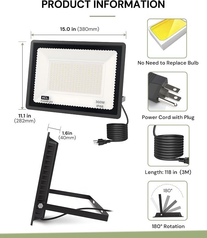 L LOHAS LED 300W Dusk to Dawn Flood Light, IP66 Waterproof Plug in Floodlights - Image 5