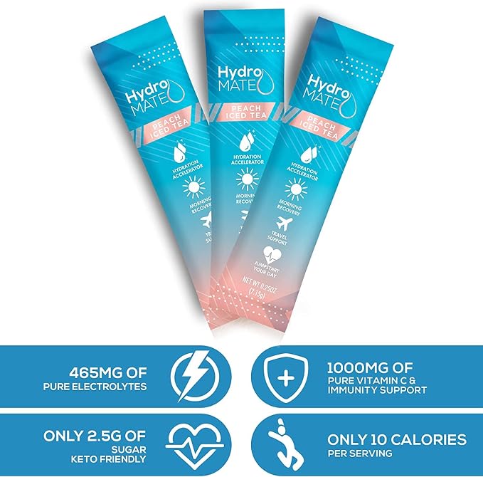 HydroMATE Electrolyte Powder Peach Tea Hydration Packets Low Sugar 16 Count - Image 7