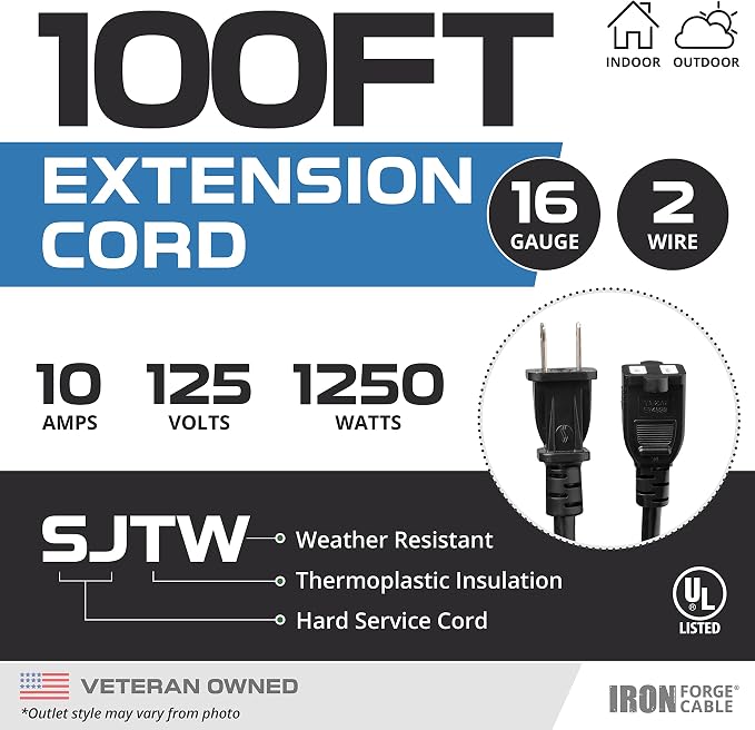 Iron Forge Cable 100 Ft Black Extension Cord, 100 Foot Extension Cord - Image 2