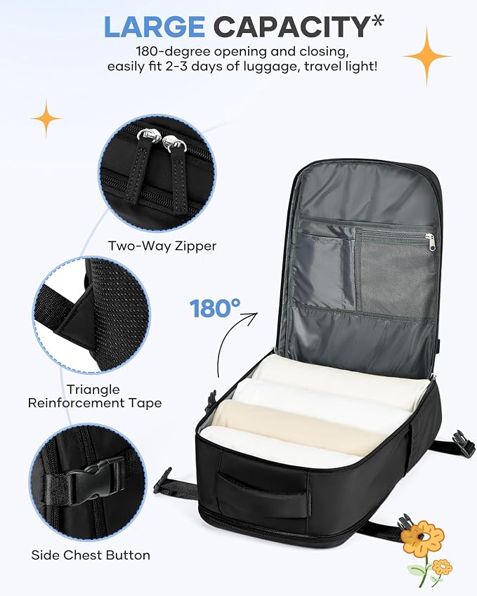 coofay Large Black Travel Backpack Carry on Flight Approved Mochila De Viaje - Image 5