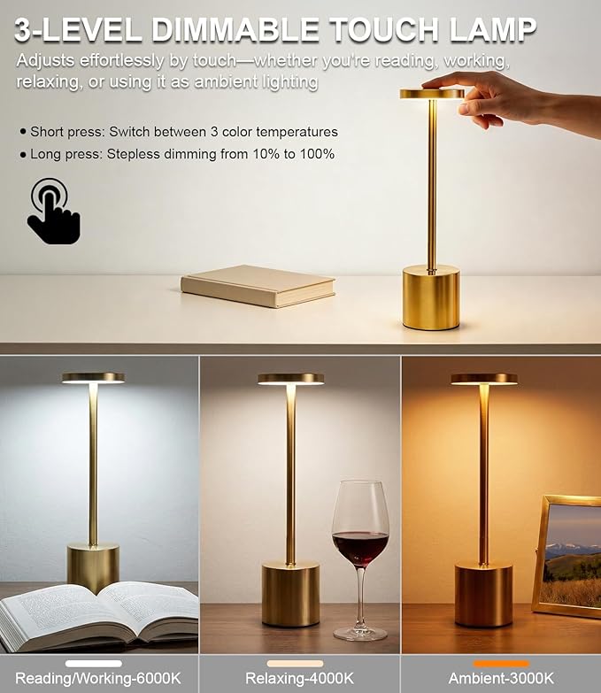Swinerton Cordless Table Lamp Set of 2, Wireless 3 Color Dimmable Touch Lamp - Image 5