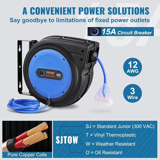 VEVOR 80FT Retractable Extension Cord Reel, 12AWG/3C SJTOW Heavy Duty Power - Image 4