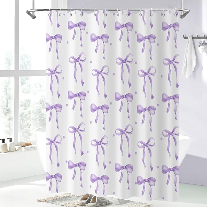 Purple Bow Shower Curtain, Lavender Modern Aesthetic Bowknot - Image 2