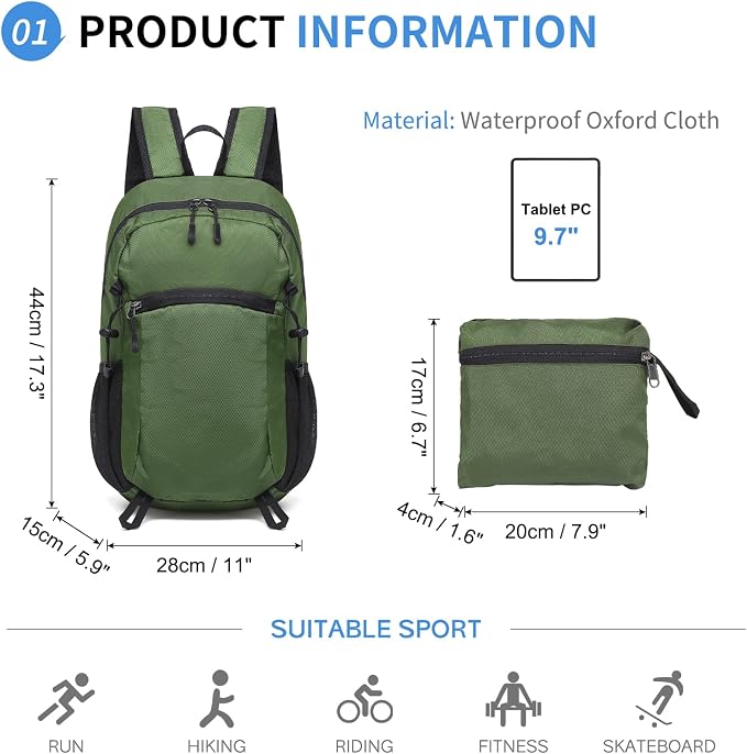 Hiking Daypack Packable, Camping Backpack Water Resistant Lightweight Polyester - Image 2