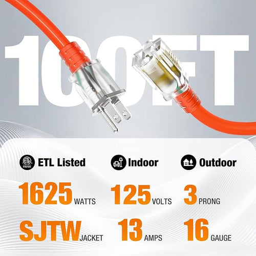 100 FT Outdoor Extension Cord Waterproof, 16/3 Gauge Heavy Duty 3 Prong Power - Image 2