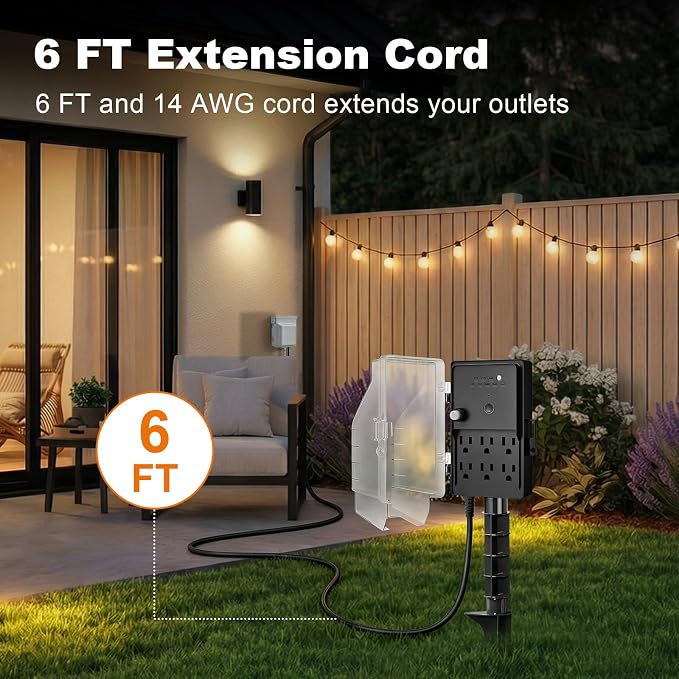 SURAIELEC Outdoor Power Stake Light Timer, Dusk to Dawn, 6 Electrical Outlet - Image 3