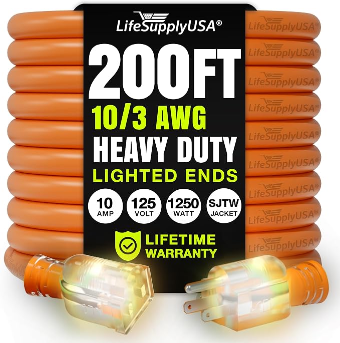 200ft Outdoor/Indoor Extension Cord 10/3 Gauge Ultra Heavy Duty 3 Prong SJTW by LifeSupplyUSA