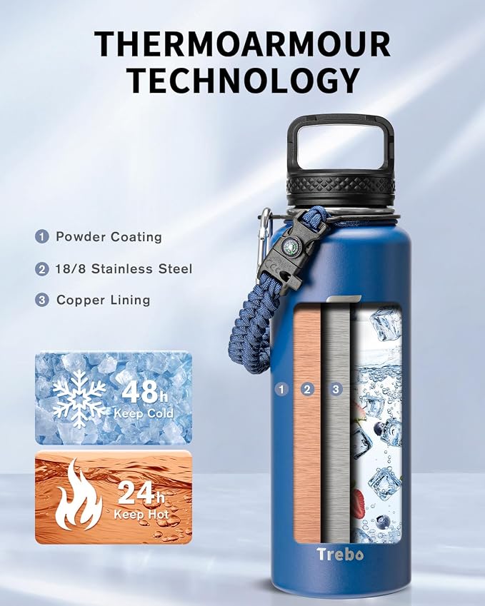Trebo Water Bottle 40oz with Paracord Handle, Half Gallon Large Vacuum Triple - Image 2