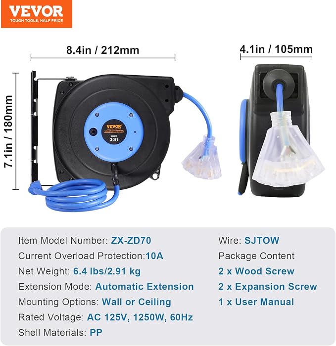 VEVOR Retractable Extension Cord Reel, 30 FT, Heavy Duty 16AWG/3C SJTOW - Image 7