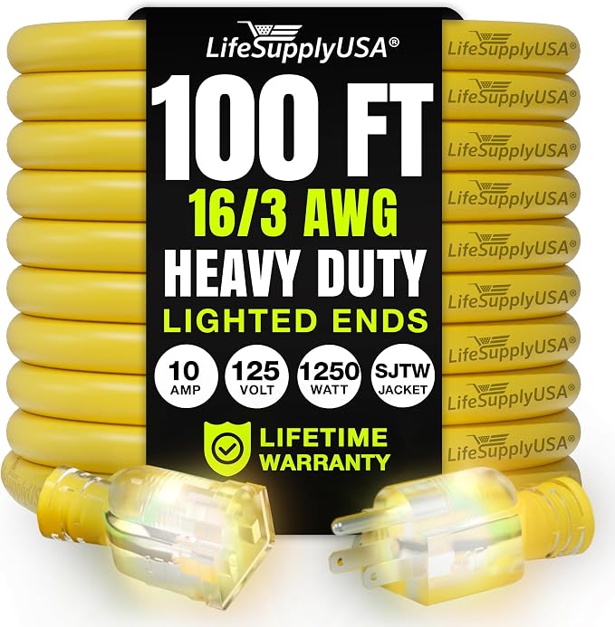 100ft Outdoor/Indoor Extension Cord 16/3 Gauge Heavy Duty 3 Prong SJTW by LifeSupplyUSA
