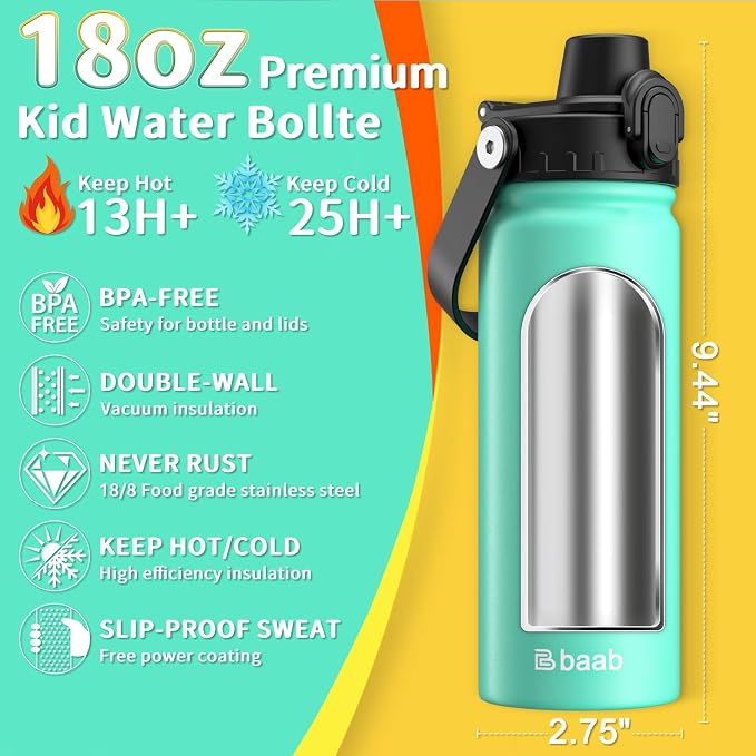 baab 18oz Kids Water Bottle, Insulated Kids Water Bottle - Image 2