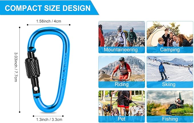 10 Pack Aluminum D Ring Key Rings Hiking Clips Locking Carabiner - Image 3