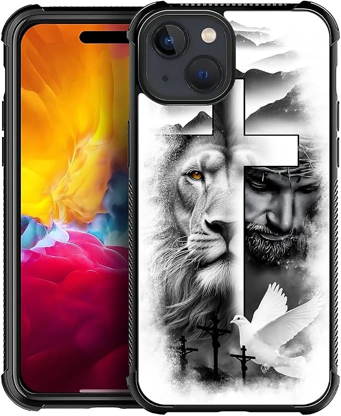 for iPhone 15 Plus Case, Lion Cross Jesus Christ Dove Pattern Made of Soft by FKBRCL4U