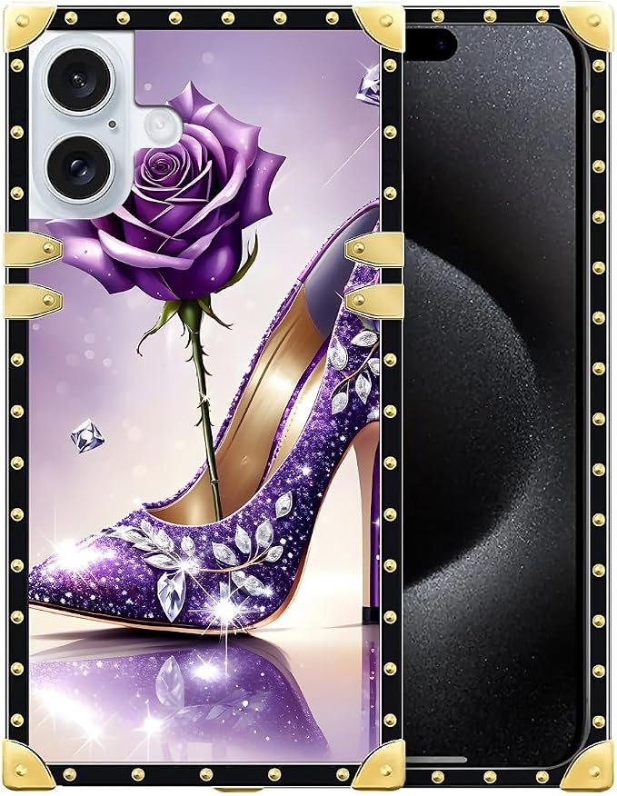 Compatible with iPhone 16 Case, High Heeled Purple Diamond Rose Luxury Golden by Unknown
