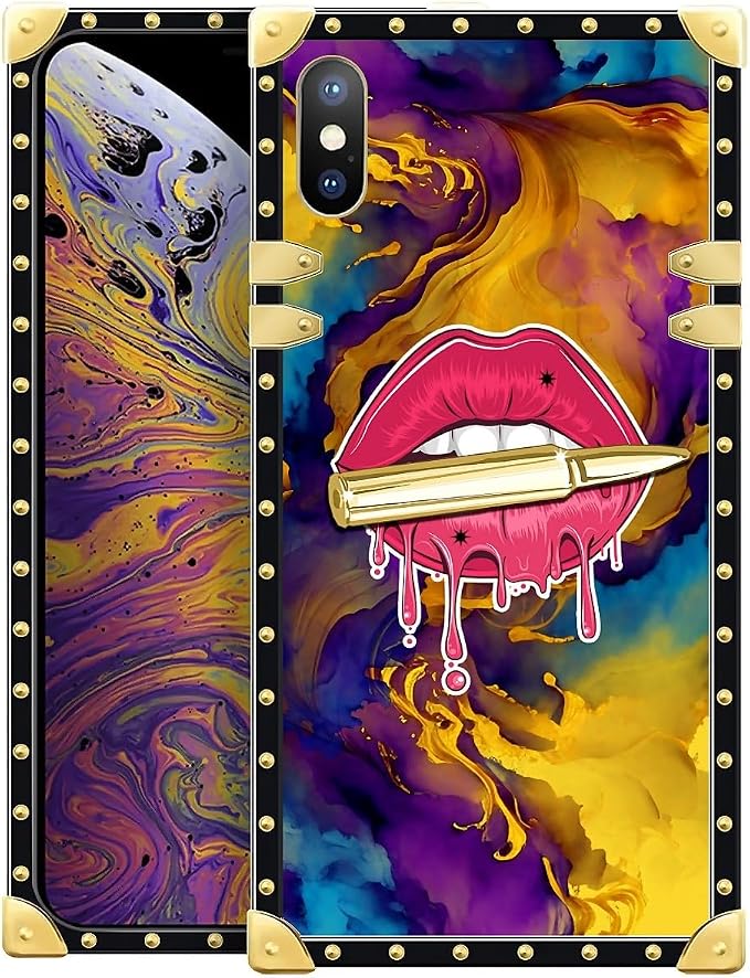Compatible with iPhone Xs Max Case, Cool Corlorful Lip Marble Luxury Golden by Unknown