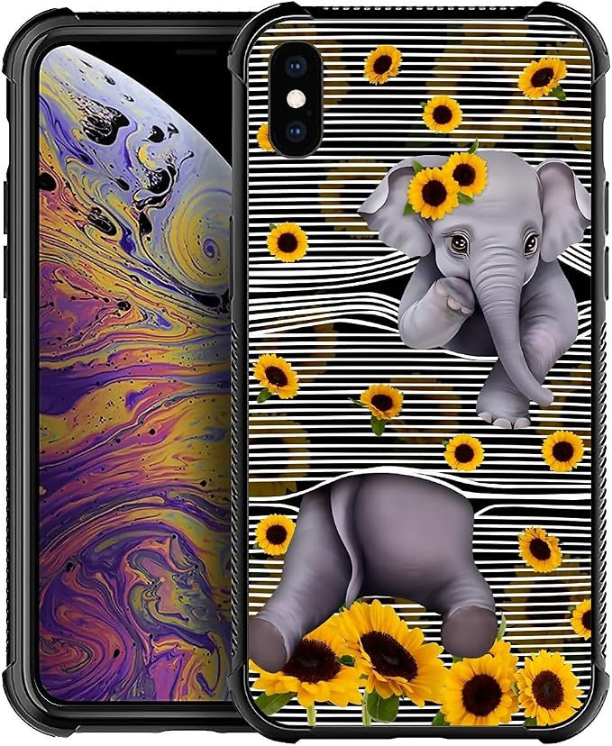 for iPhone X/Xs Case, Cute Little Elephant Sunflower White Line Art Pattern by FKBRCL4U