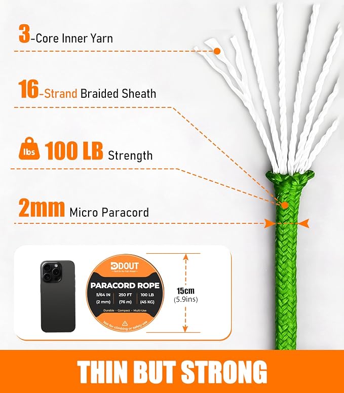 DDOUT 2mm Paracord 100lb, Thin Micro Paracord Rope, FLGreen 250FT Nylon Cord - Image 2