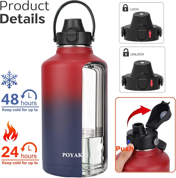 Water Bottle Insulated 32oz 40oz 64oz 128oz Straw Lid Spout Lid & 3 Lids - Image 2