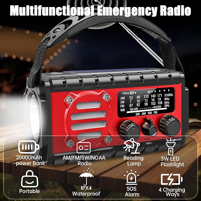 20000mah Emergency Radio, SW/NOAA/AM/FM Weather Radio, Solar Powered Hand Crank - Image 7
