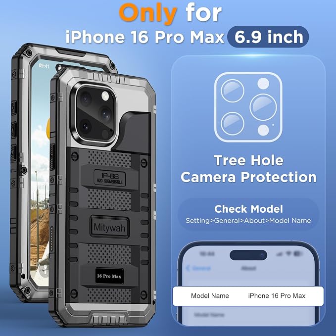 Mitywah Waterproof Case for iPhone 16 Pro Max, Heavy Duty Metal Cover - Image 2