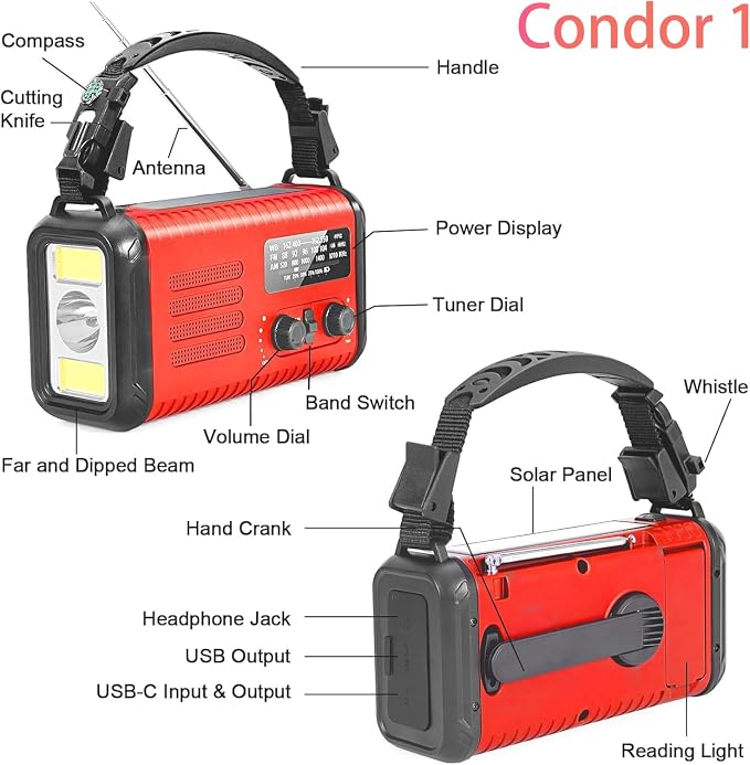 20000mAh Emergency Weather Radio, Solar Hand Crank Portable AM/FM/NOAA Radio - Image 8