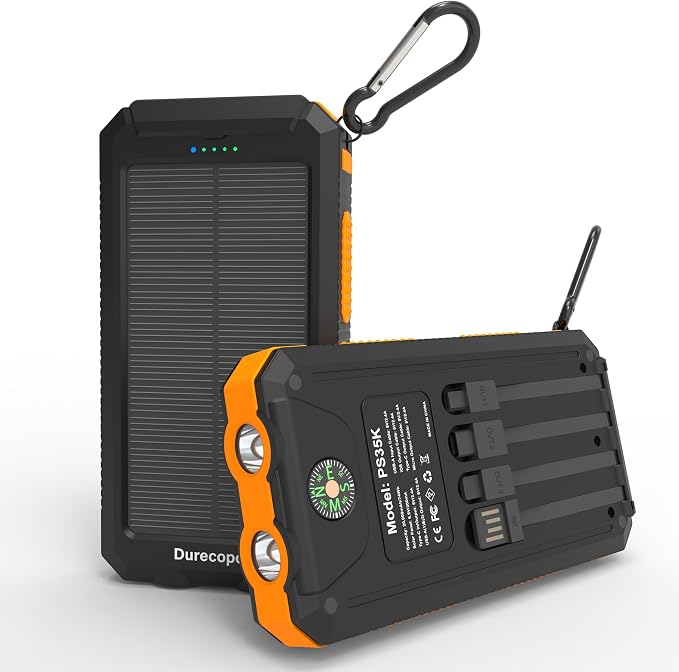 Durecopow Solar Charger Power Bank 20, Portable Charger, 4 Cables 3 Ports Fast by Durecopow