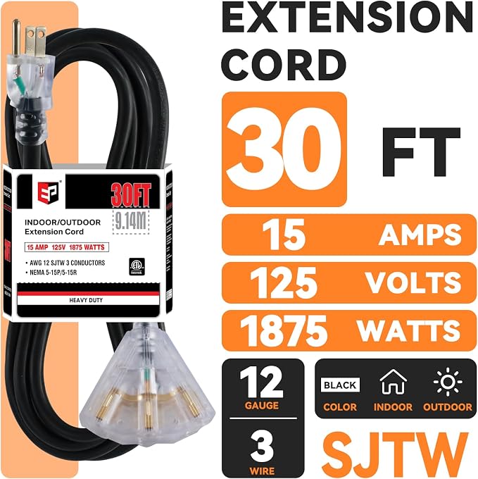 EP 30 Ft 12 Gauge Heavy Duty Extension Cord, 15A 125V 1875W, 3 Outlet - Image 2