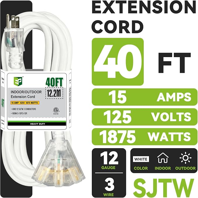 EP 40FT 12 Gauge Heavy Duty Extension Cord, 15A 125V 1875W, 3 Outlet - Image 2