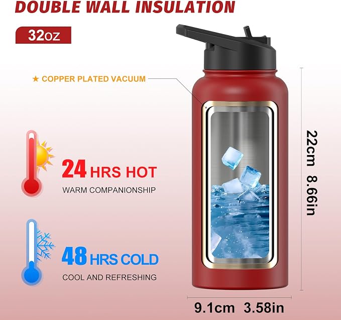 32oz Insulated Water Bottle, BPA Free&Leak Proof, Stainless Steel Water Flask - Image 2