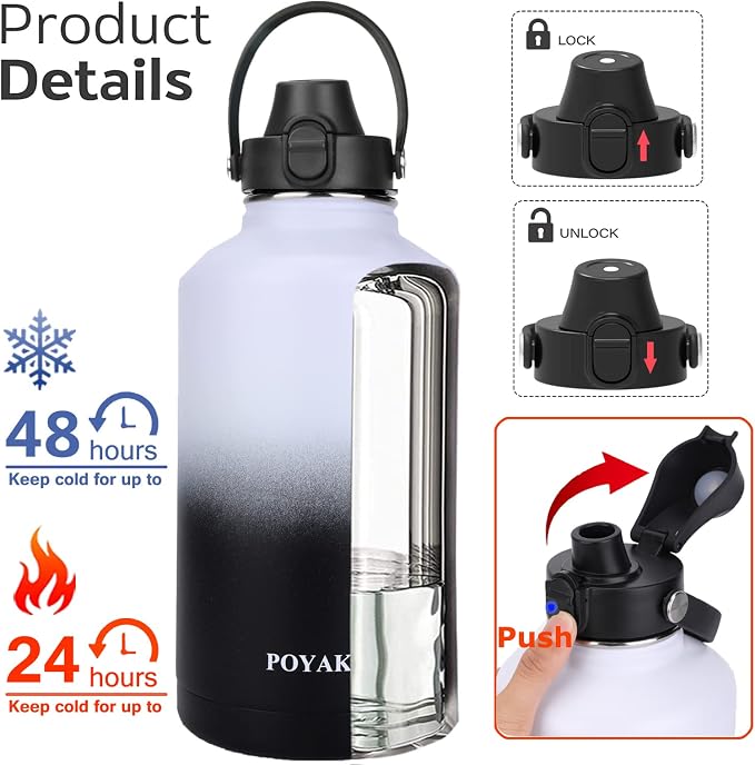 Water Bottle Insulated 32oz 40oz 64oz 128oz Straw Lid Spout Lid & 3 Lids - Image 2