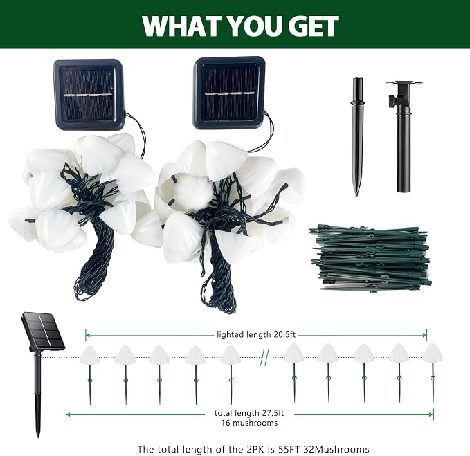 OZS 2PK 32LED 55FT Mushroom Solar Garden Lights Outdoor, Solar String Lights - Image 5