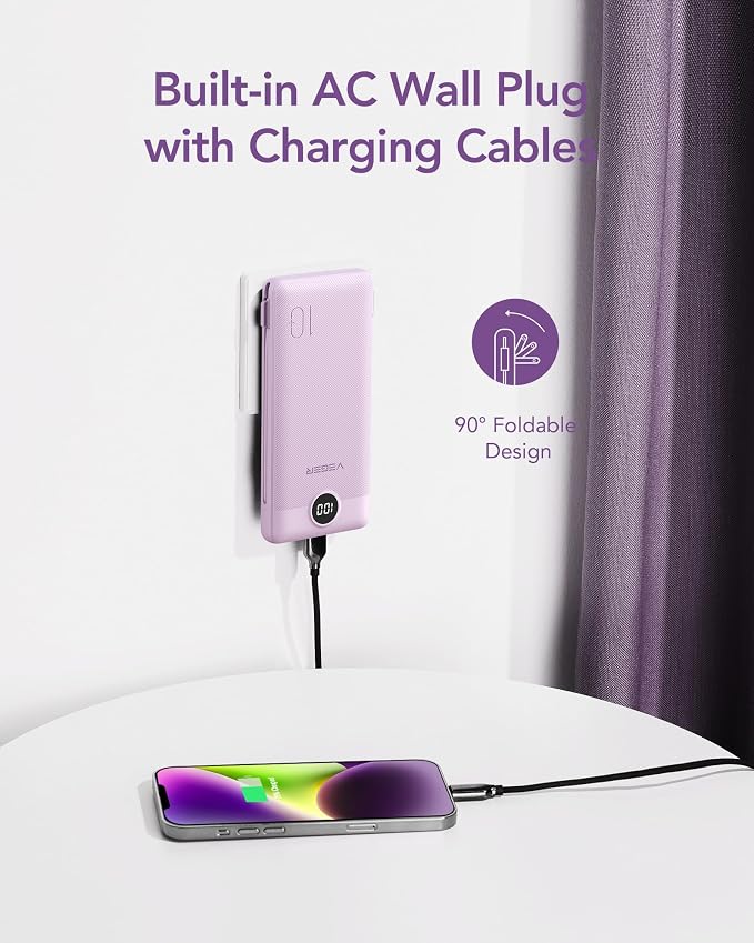 VEGER Portable Charger with Built-in AC Plug and Cables, All in One 10000mAh - Image 3