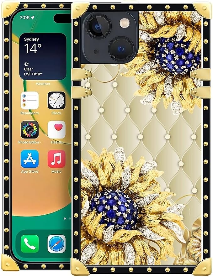 Compatible with iPhone 14 Case, Sunflower Diamonds Leather Luxury Golden by Unknown