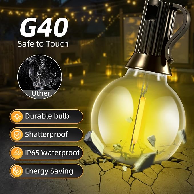 Solar Lights Outdoor Waterproof: G40 60M 200FT Shatterproof Bulbs Patio Lights - Image 5