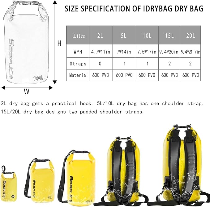 IDRYBAG Dry Bag for Kayaking Waterproof 2L/5L/10L/15L/20L, Small Dry Sack - Image 3