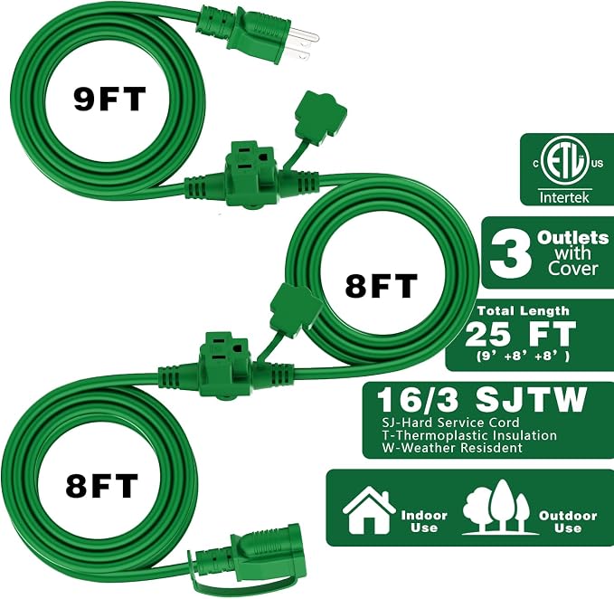 K KASONIC - Outdoor Extension Cord 25 FT, Evenly Spaced 3 Outlets Plugs - Image 2