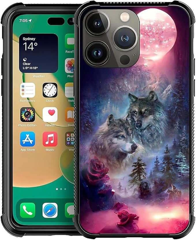 for iPhone 13 Pro Case, Star Two Wolfs Howling Pattern Graphic Design Girl Boy by FKBRCL4U