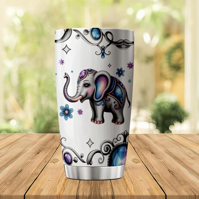 Cute Colorful Elephant With Floral Jewel Design Stainless Steel Tumbler - Image 3
