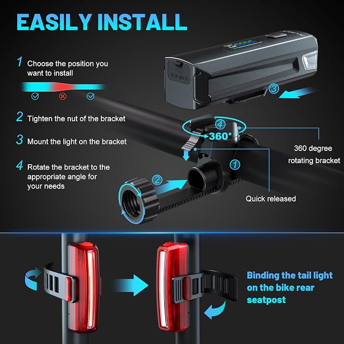APECYC Bike Lights USB-C Rechargeable Bicycle Front Headlight and Rear Taillight - Image 5