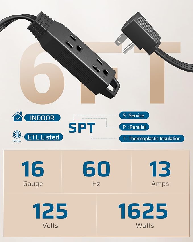 DEWENWILS 6FT Flat Plug Extension Cord 3 Prong Ultra Thin Power Strip, - Image 2