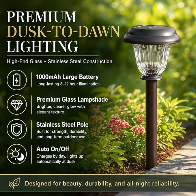 DERAYSION 8 Pack Solar Lights Outdoor, Stainless Steel Glass Solar Pathway - Image 3