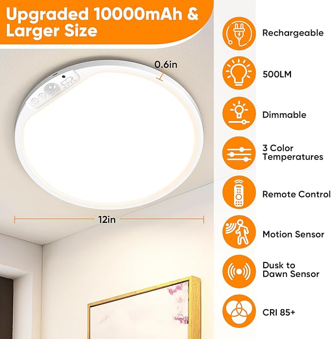 2-Pack 12" Larger 10000mAh Rechargeable Motion Sensor Ceiling Light - Image 2
