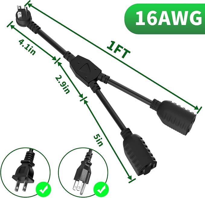 Elecan 3-Prong Y Splitter Power Extension Cord 1 FT, 45-Degree Angled Flat Plug - Image 2