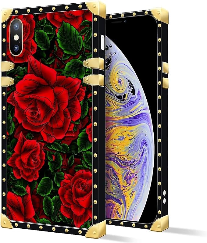 Compatible with iPhone XR Case, Vector Red Rose Green Leaf Luxury Golden - Image 2