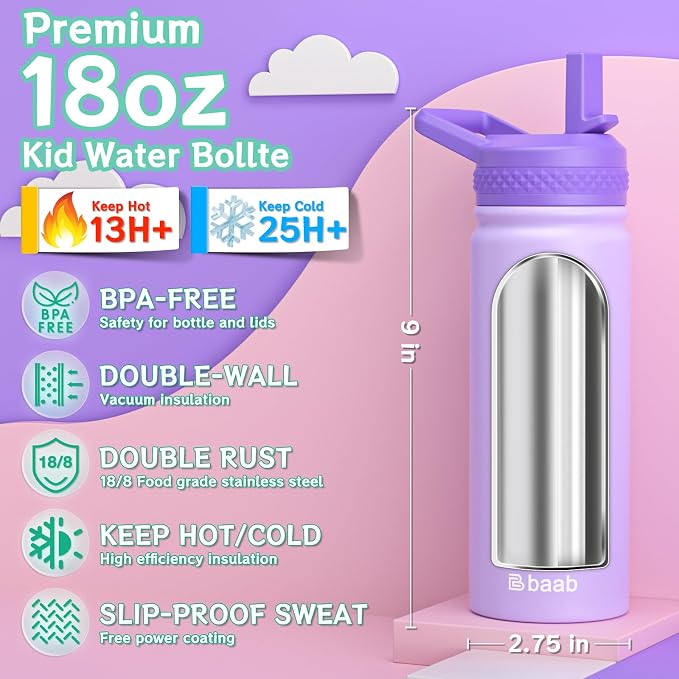 baab 18oz Kids Water Bottle, Insulated Water Bottle - Image 2