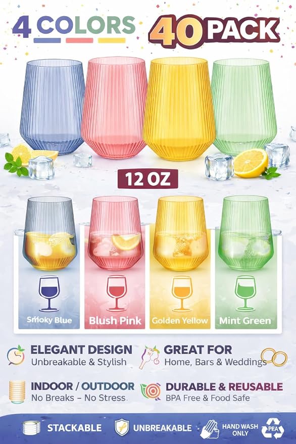 Oojami 40 Pack Origami Ribbed Stemless Plastic Wine Glasses 12 oz - Image 3