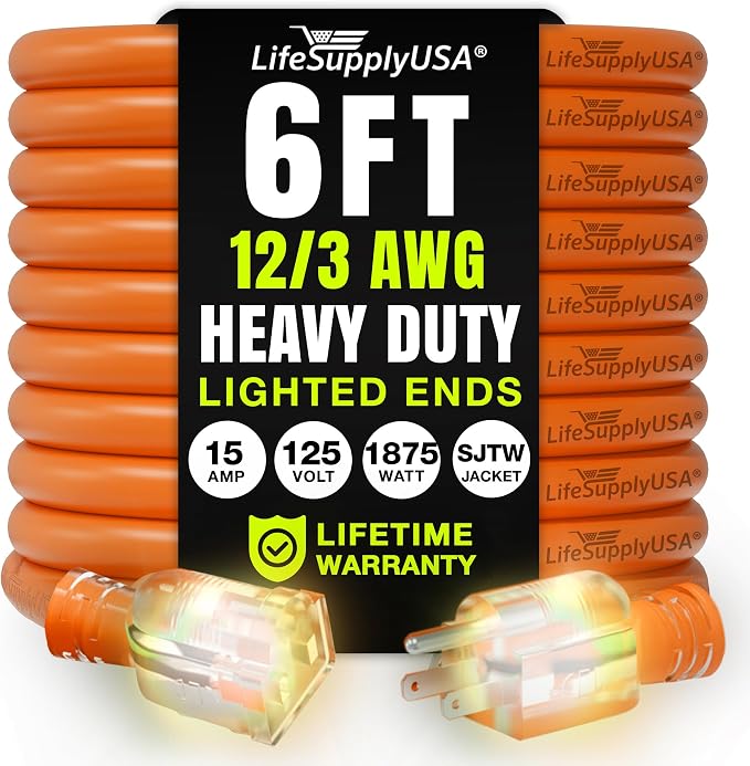 6ft Outdoor/Indoor Extension Cord 12/3 Gauge Extra Heavy Duty 3 Prong SJTW by LifeSupplyUSA