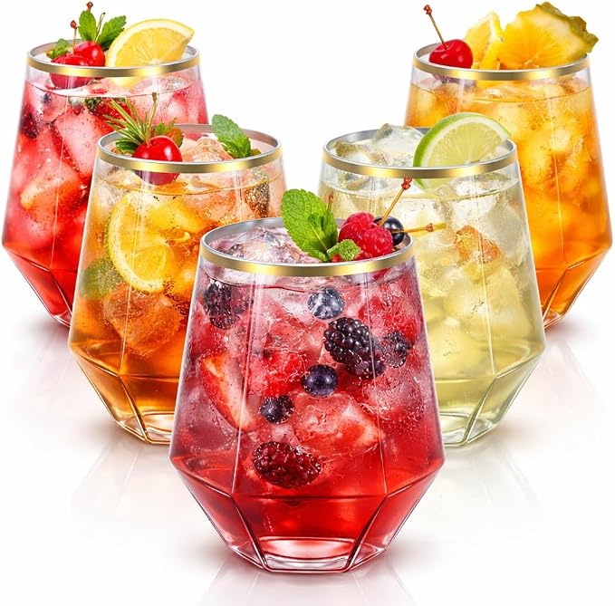 Oojami 40 count Diamond 12 Ounce Gold Rim Cups Unbreakable Stemless Plastic by Oojami