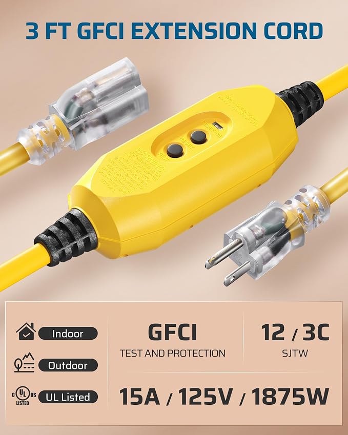 DEWENWILS 3Ft Automatic GFCI Extension Cord Outdoor, 12/3 SJTW Heavy Duty - Image 2