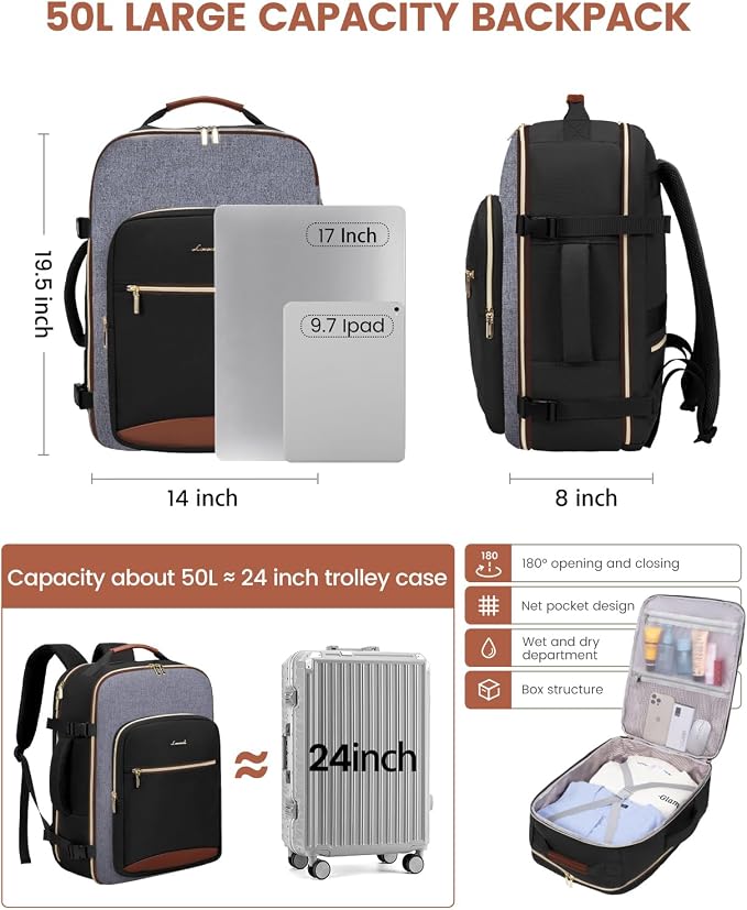 LOVEVOOK 50L Travel Backpack for Women & Men, Airline Approved Carry On Luggage - Image 3